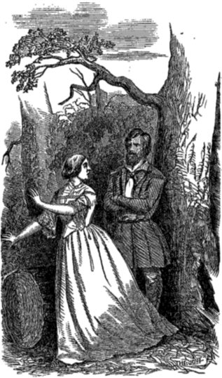 "Looking up, she saw a tall, dark man standing before her, his eye bent
upon hers with a look that sent the blood to her heart."&mdash;See page 36.