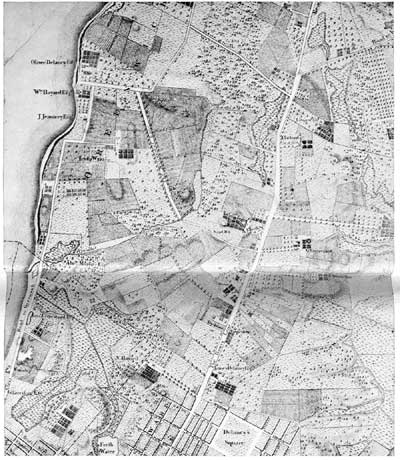 MAP OF OLD GREENWICH VILLAGE. A section of Bernard Ratzer's map of New York and its suburbs, made in the Eighteenth Century, when Greenwich was more than two miles from the city. MAP OF OLD GREENWICH VILLAGE. A section of Bernard
Ratzer's map of New York and its suburbs, made in the Eighteenth
Century, when Greenwich was more than two miles from the city.