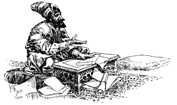 A gentleman was seated at a table strewn with papers Illustration: A gentleman was seated at a table strewn with papers