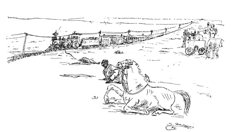 I Rope a Narrow Gauge Engine, my Lariat Settled
Gracefully Around the Smokestack and my Trained Horse Set Himself for
the Shock, but the Engine Set Both Myself and my Horse in the Ditch