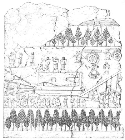 Fig. 151.—The transport of a bull. Height of the slab, 7
feet 3 inches; British Museum.