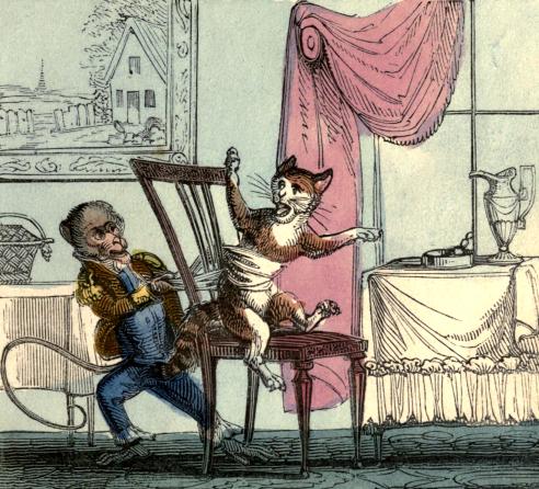 The Monkey binds the Cat to a chair