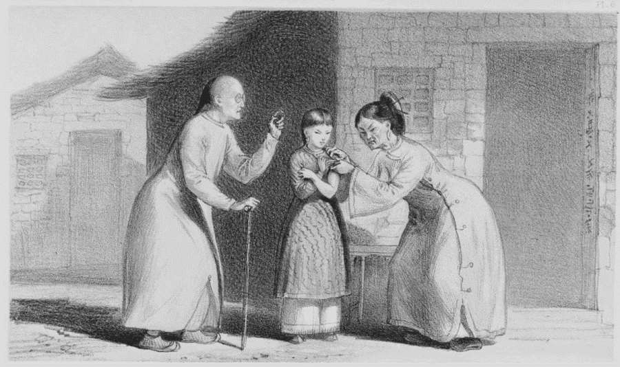 SALE OF A CHINESE GIRL AS WITNESSED BY THE AUTHOR AT E-CHING, ON THE RIVER YANG-TSE-KIANG.
London, Published March 15th 1866 by Day & Son, Limited Lithogrs Gate Str, Lincoln's Inn Fields.
Day & Son, Limited, Lith.