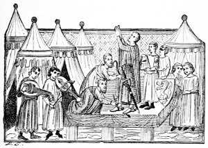 Un adoubement d'apr�s le ms. fr. 782 de la Bibl. nat.
(XIIIe si�cle).