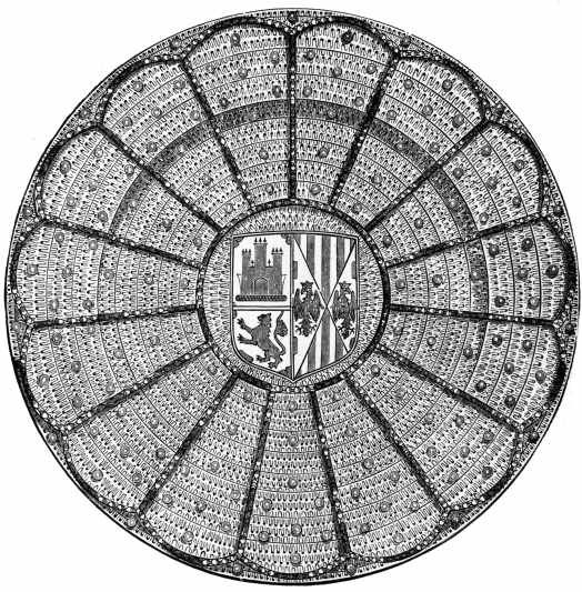 PLATEAU, DIAPERED AND WITH RAISED RIBS AND STUDS, IN BLUE
AND GOLDEN LUSTRE. THE ARMS OF LEON, CASTILE, AND ARAGON.
HISPANO-MORESCO. 15TH OR 16TH CENTURY. SOUTH KENSINGTON MUSEUM.