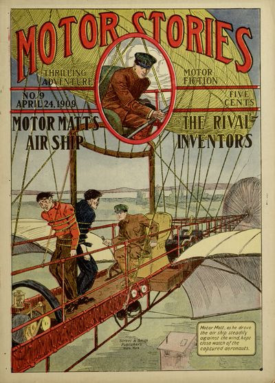 Motor Matt, as he drove
the air ship steadily
against the wind, kept
close watch of the
captured aeronauts.