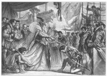 Queen Elizabeth knighting Drake on board the “Golden
Hind”

{108}From the drawing by Sir John Gilbert, R.A.