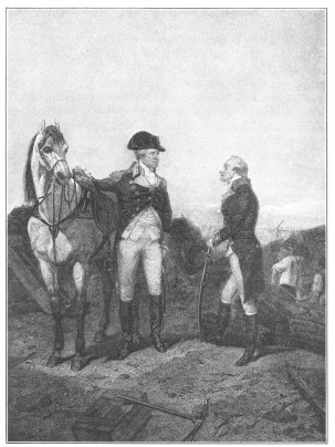 The first meeting between Washington and Hamilton.

{306}From an old print