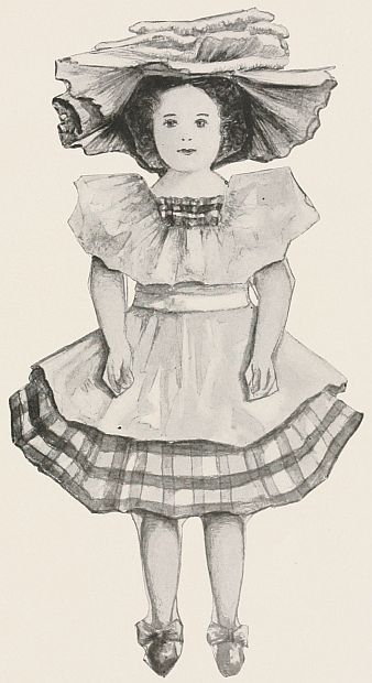 Paper doll in gingham dress, white pinafore and wide ruffled sun hat