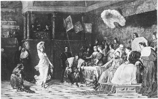 Lucrezia Borgia Dancing

The beautiful and gifted daughter of Pope Alexander VI, was also
the sister of the infamous Cesare Borgia, who murdered her husband
(his brother-in-law), Alfonso of Bisceglia. She was a patron of
learning and the arts and was long accused of the gravest crimes
but more recent writers have somewhat cleared her memory. Her three
marriages were arranged to satisfy the ambitions of her father.